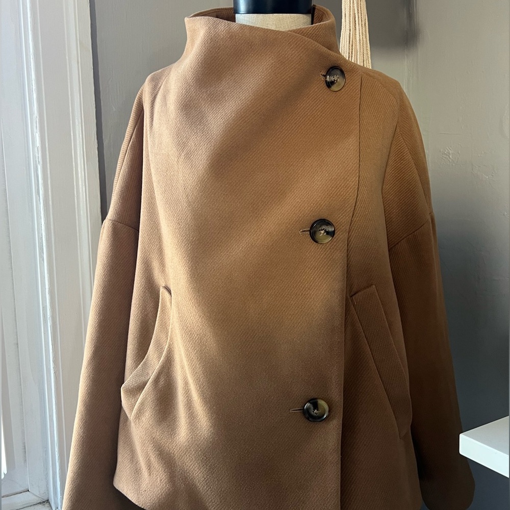 Anthropologie Sascha Asymmetrical Jacket Camel Button Up Coat Womens Large